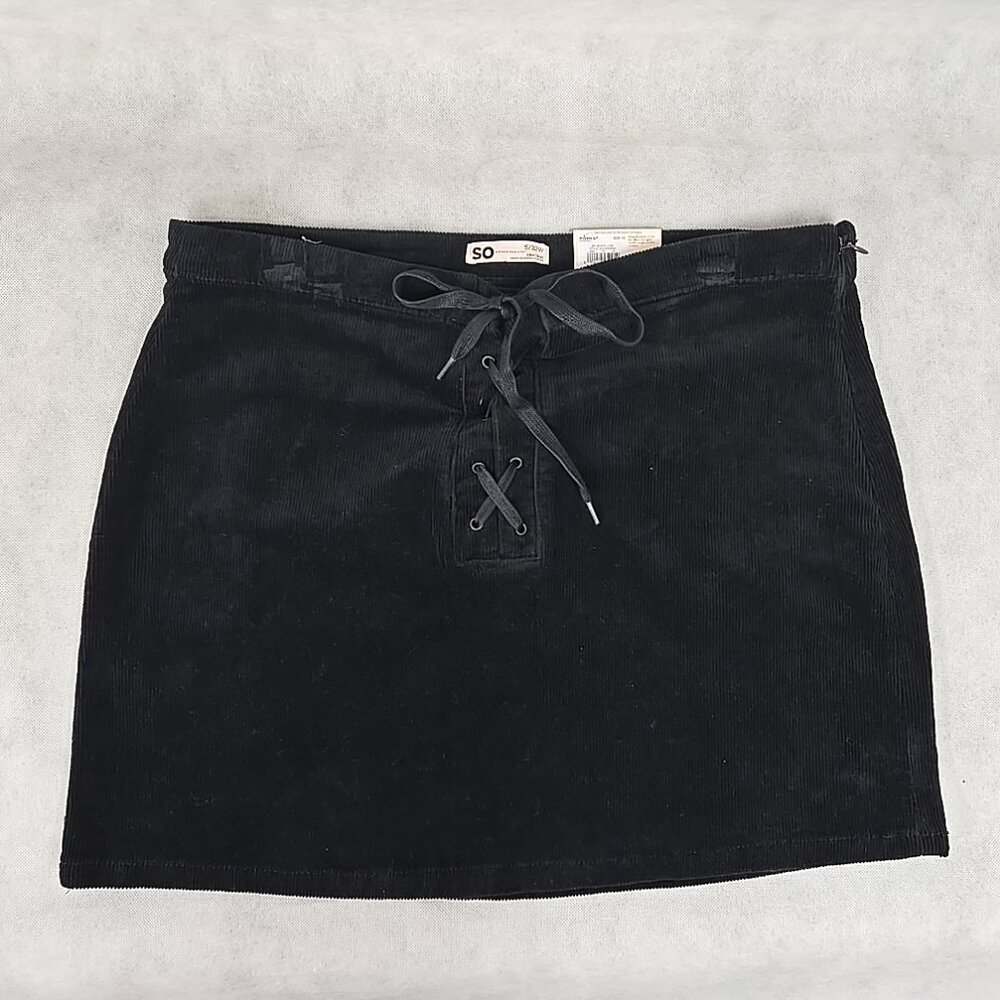 SO Womens  Size 15 High‎ Rise Mini Skirt Black Corduroy Front Lace Up
